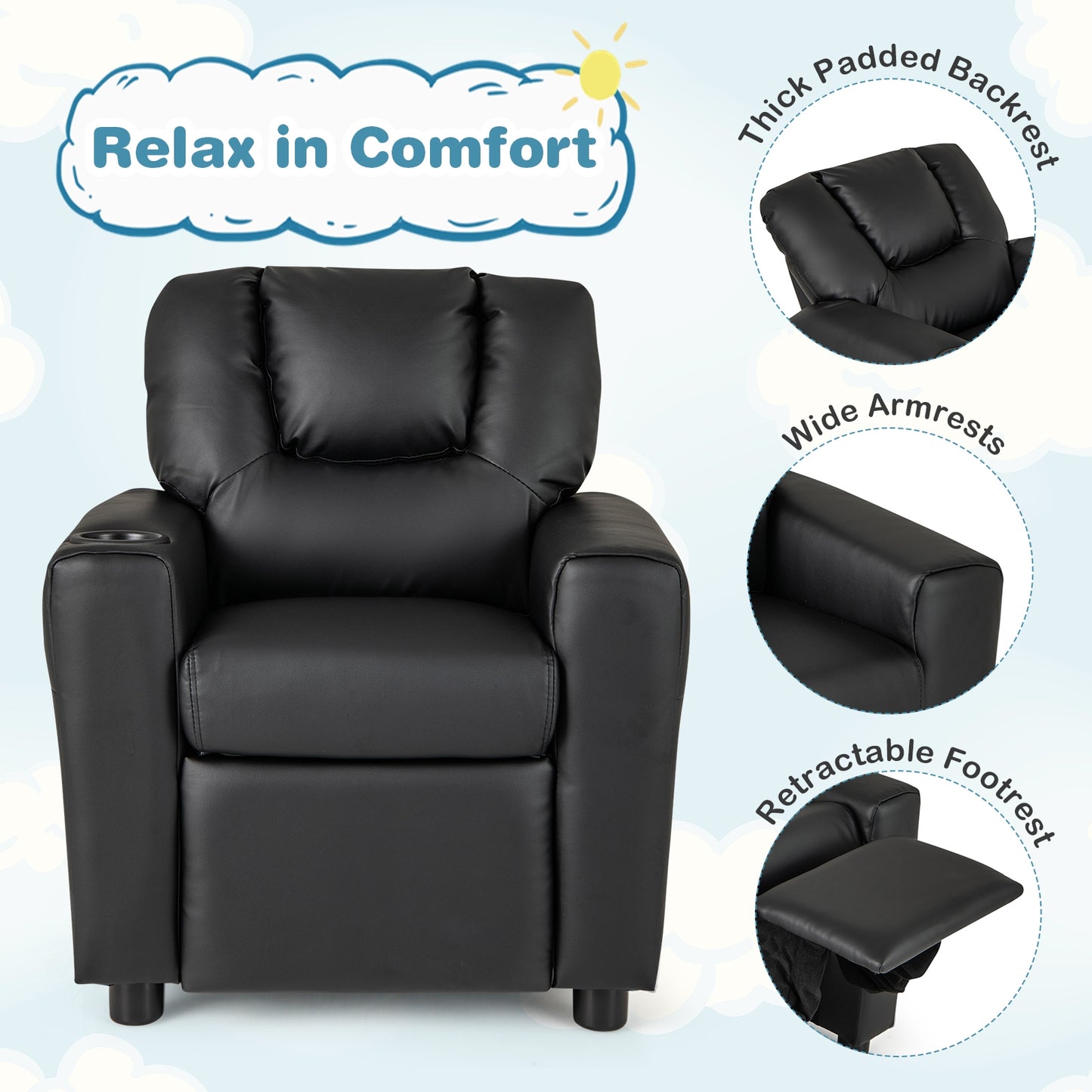 Kids Recliner Chair PU Leather Push Back Toddler Recliner with Cup Holder and Side Pocket-Black Kids Crystal