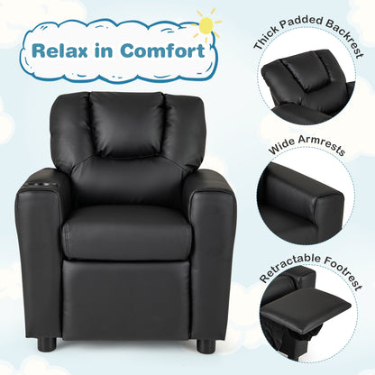 Kids Recliner Chair PU Leather Push Back Toddler Recliner with Cup Holder and Side Pocket-Black