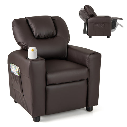 Kids Recliner Chair PU Leather Push Back Toddler Recliner with Cup Holder and Side Pocket-Brown