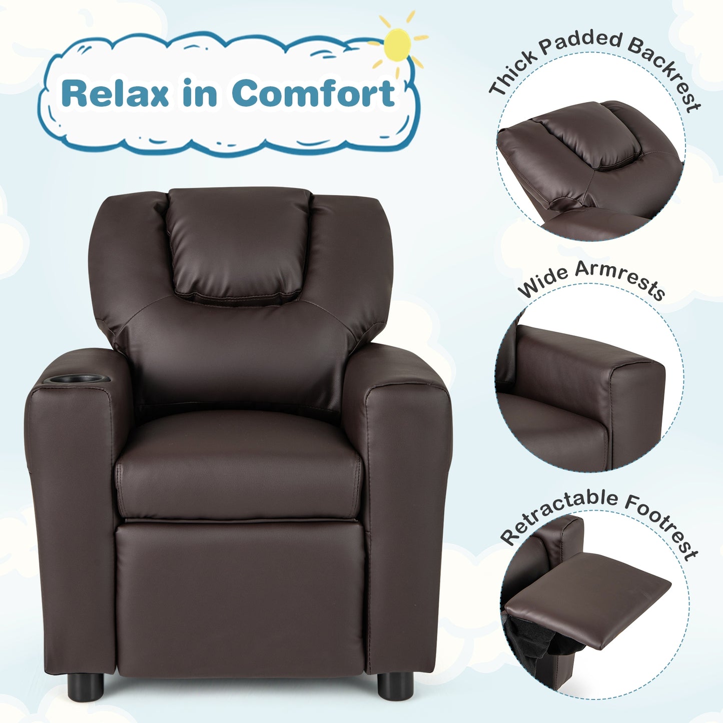 Kids Recliner Chair PU Leather Push Back Toddler Recliner with Cup Holder and Side Pocket-Brown