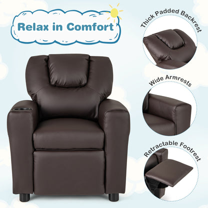 Kids Recliner Chair PU Leather Push Back Toddler Recliner with Cup Holder and Side Pocket-Brown