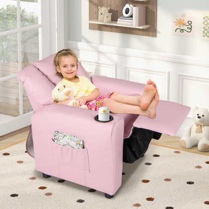 Kids Recliner Chair PU Leather Push Back Toddler Recliner with Cup Holder and Side Pocket-Pink