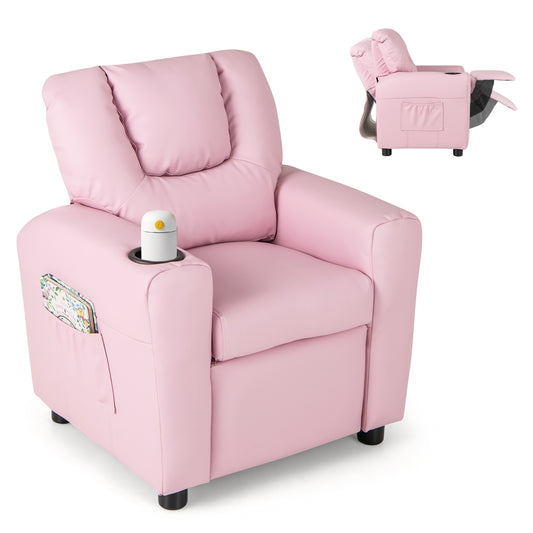 Kids Recliner Chair PU Leather Push Back Toddler Recliner with Cup Holder and Side Pocket-Pink