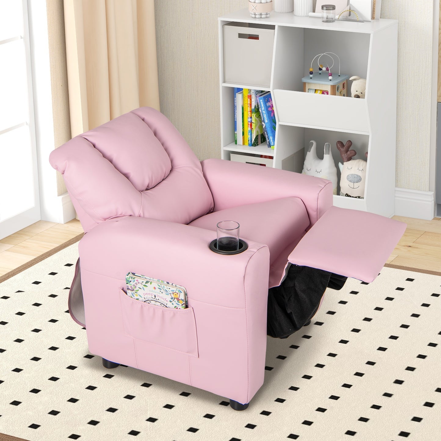Kids Recliner Chair PU Leather Push Back Toddler Recliner with Cup Holder and Side Pocket-Pink