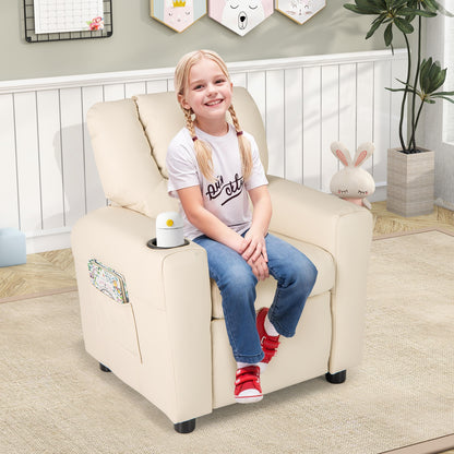 Kids Recliner Chair PU Leather Push Back Toddler Recliner with Cup Holder and Side Pocket-Beige