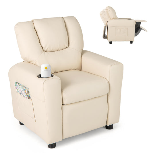 Kids Recliner Chair PU Leather Push Back Toddler Recliner with Cup Holder and Side Pocket-Beige