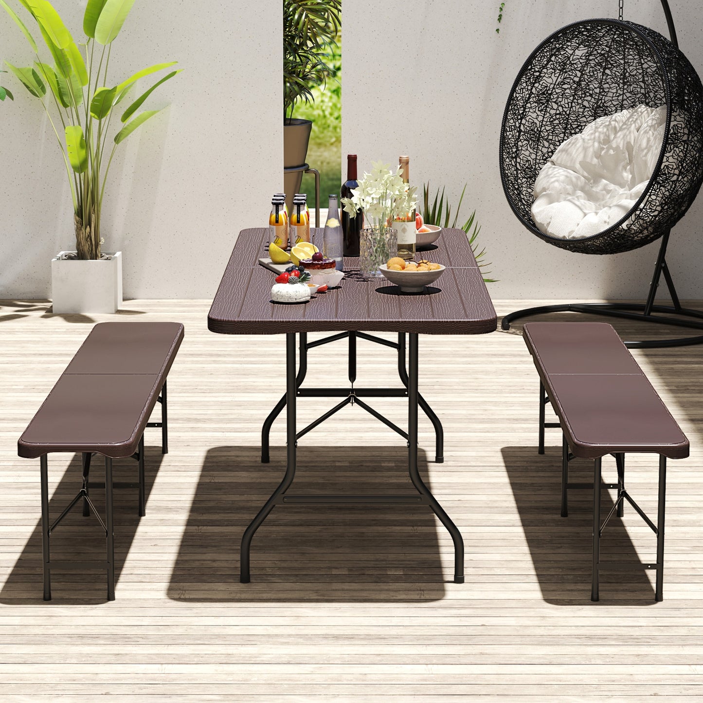 6 Feet Folding Table with Wood Grain HDPE Tabletop and Safe Lock Mechanism-Brown Kids Crystal