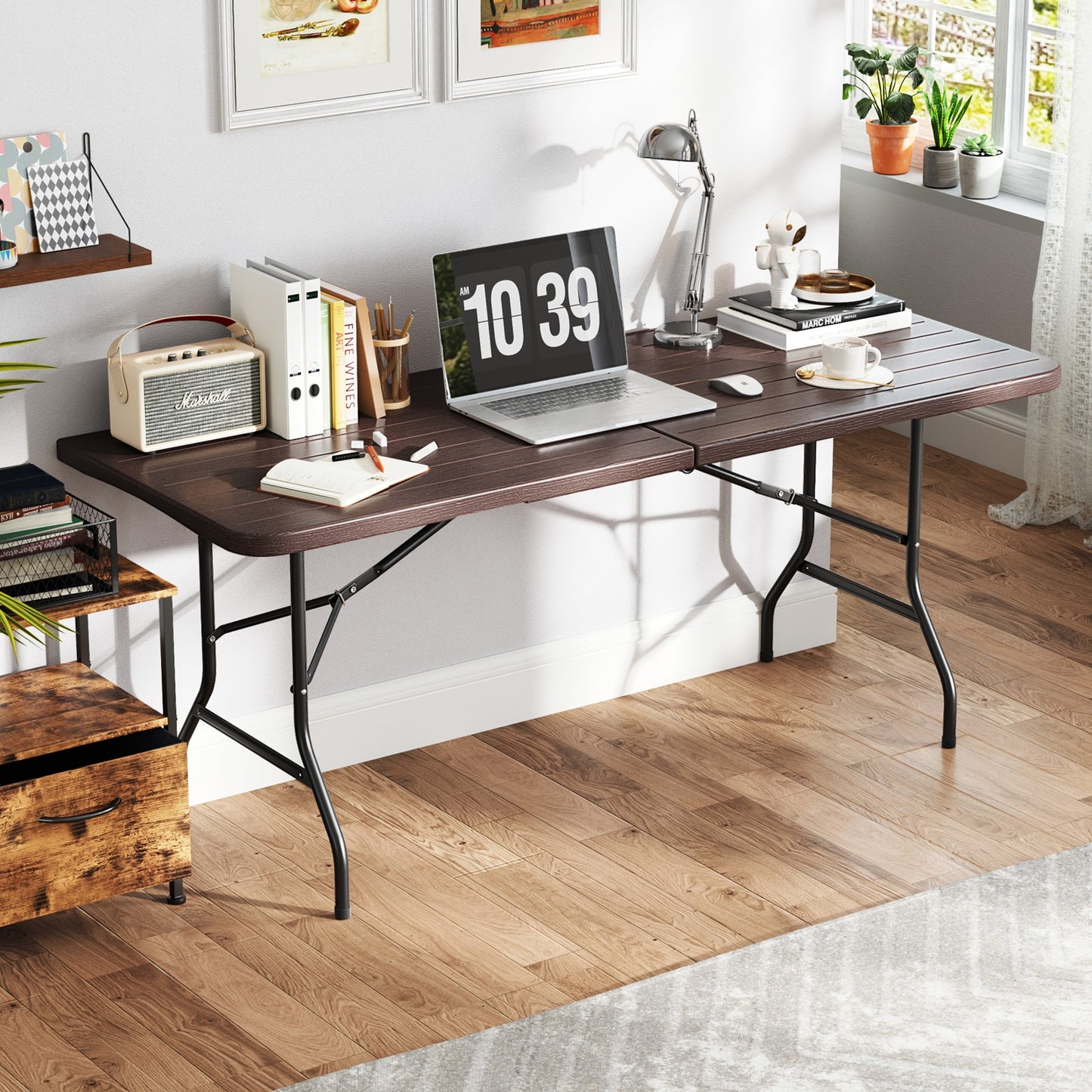 6 Feet Folding Table with Wood Grain HDPE Tabletop and Safe Lock Mechanism-Brown Kids Crystal
