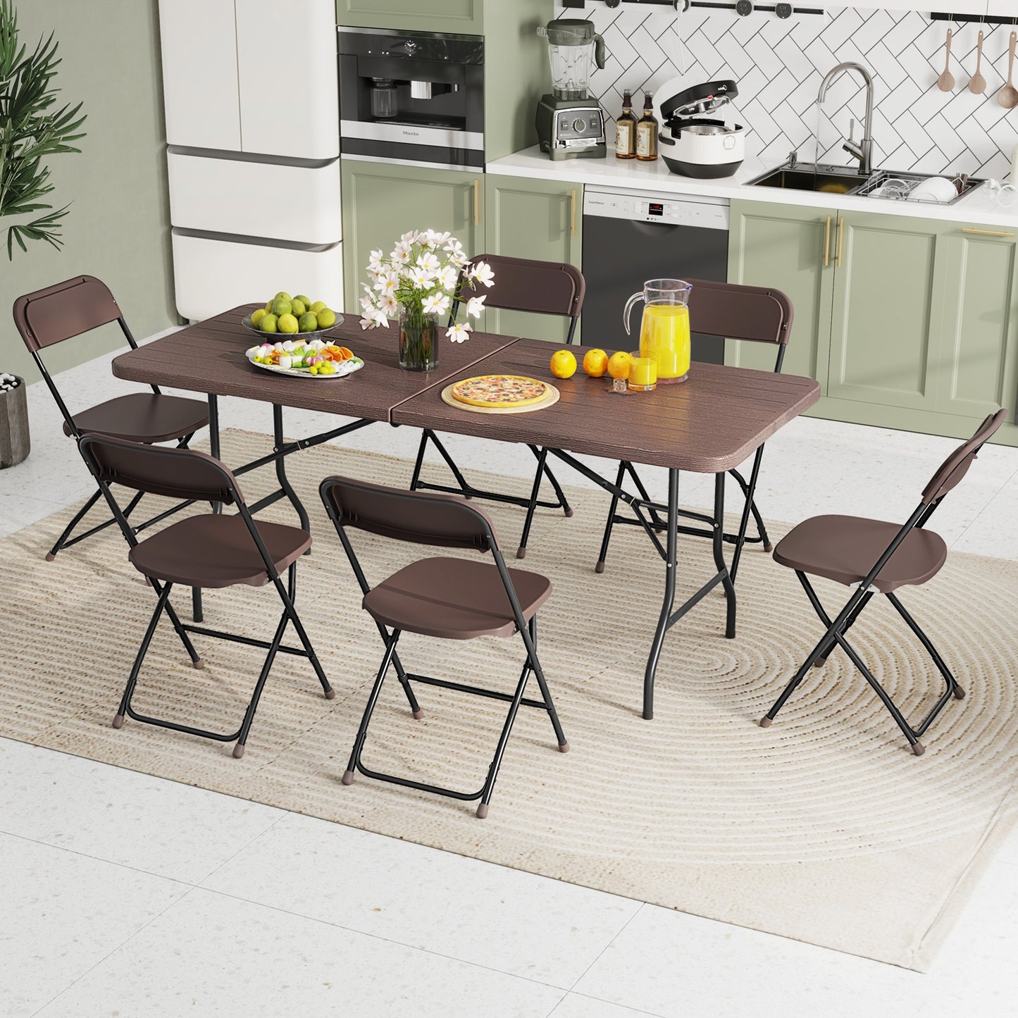 6 Feet Folding Table with Wood Grain HDPE Tabletop and Safe Lock Mechanism-Brown Kids Crystal