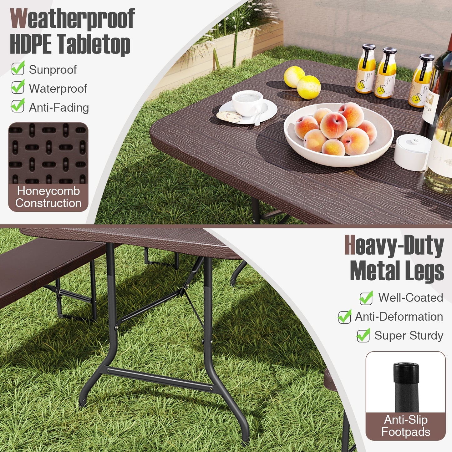 6 Feet Folding Table with Wood Grain HDPE Tabletop and Safe Lock Mechanism-Brown Kids Crystal
