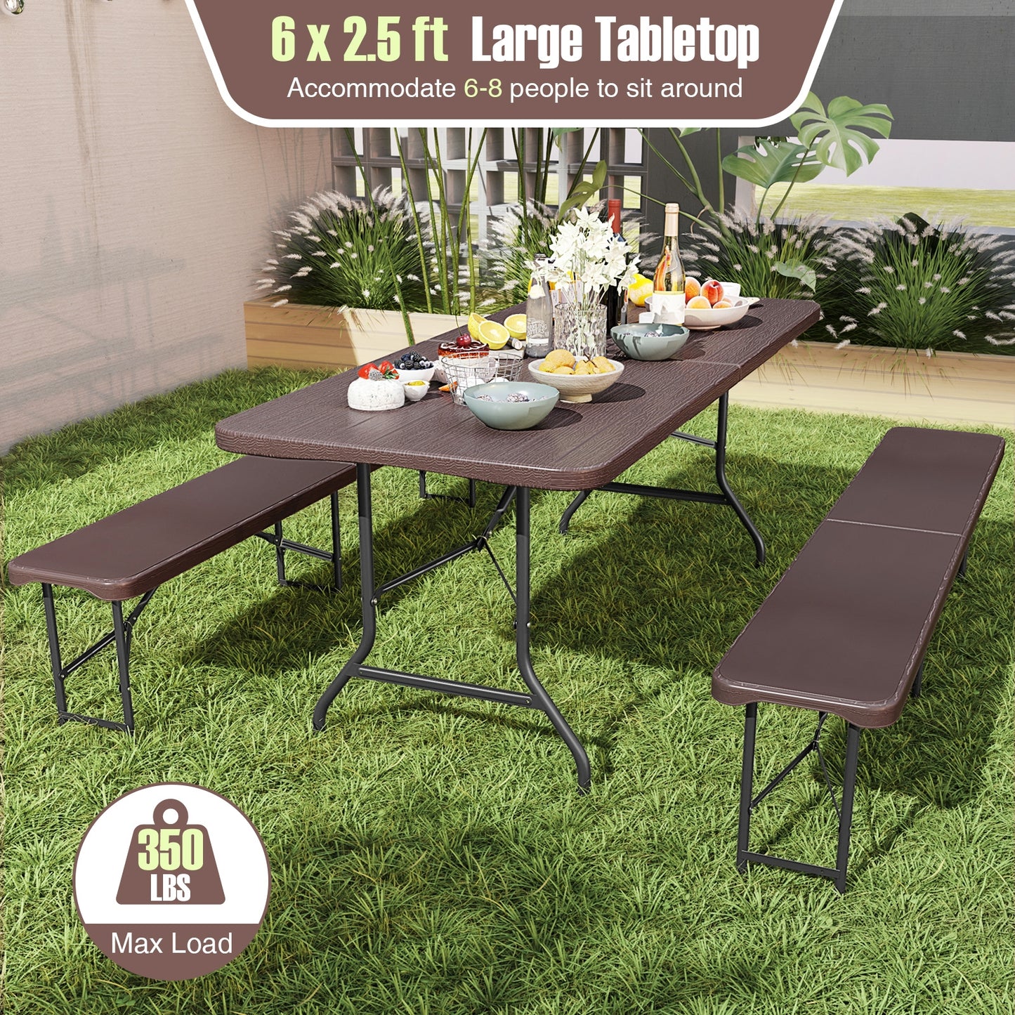 6 Feet Folding Table with Wood Grain HDPE Tabletop and Safe Lock Mechanism-Brown Kids Crystal