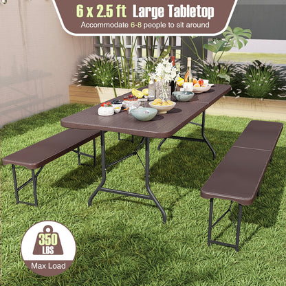 6 Feet Folding Table with Wood Grain HDPE Tabletop and Safe Lock Mechanism-Brown