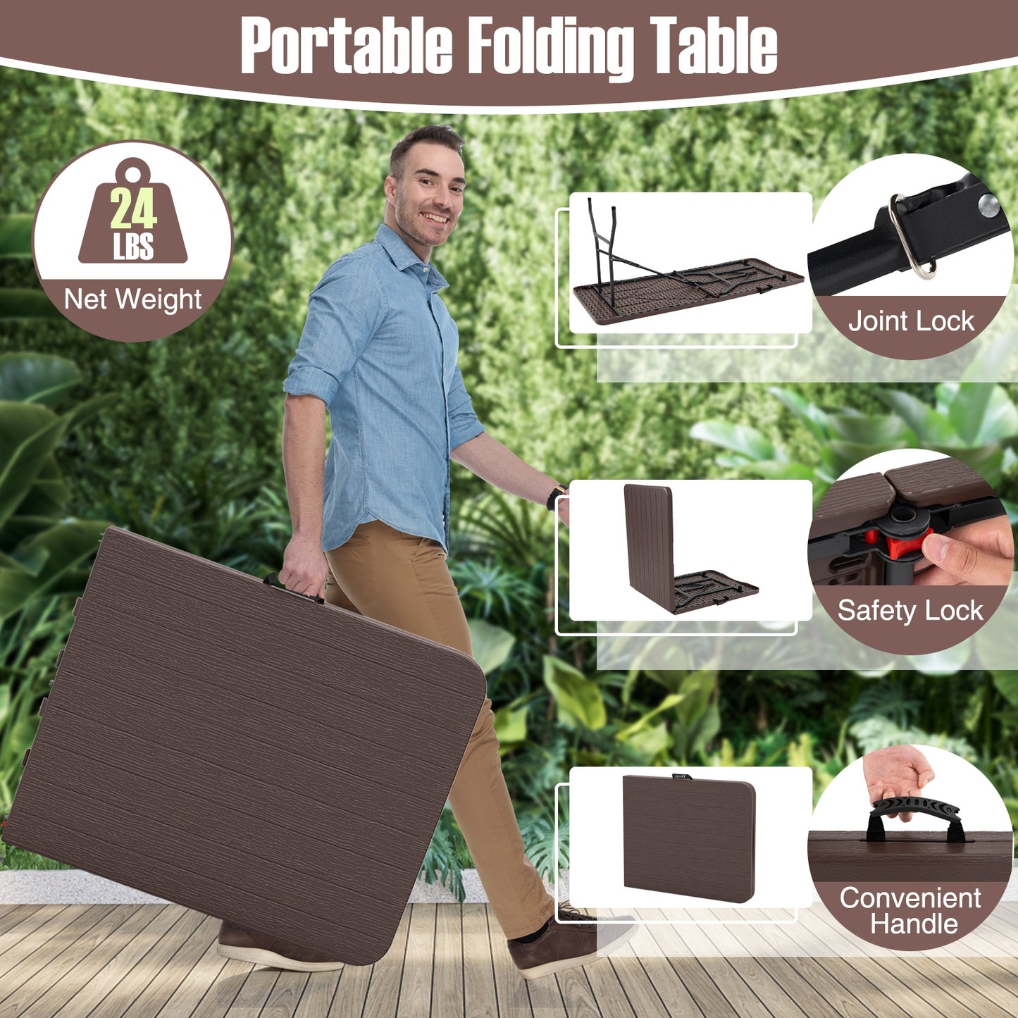 6 Feet Folding Table with Wood Grain HDPE Tabletop and Safe Lock Mechanism-Brown Kids Crystal