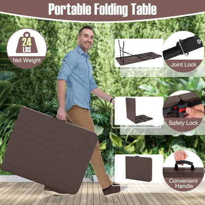6 Feet Folding Table with Wood Grain HDPE Tabletop and Safe Lock Mechanism-Brown