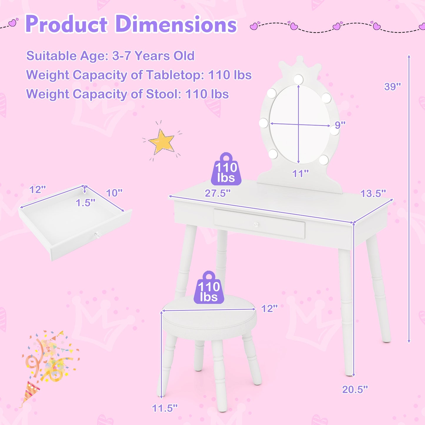 Kids Vanity Set with Lighted Mirror with Adjustable Brightness and Large Drawer-White Kids Crystal