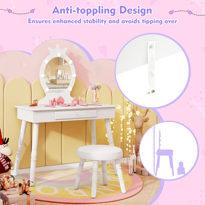 Kids Vanity Set with Lighted Mirror with Adjustable Brightness and Large Drawer-White