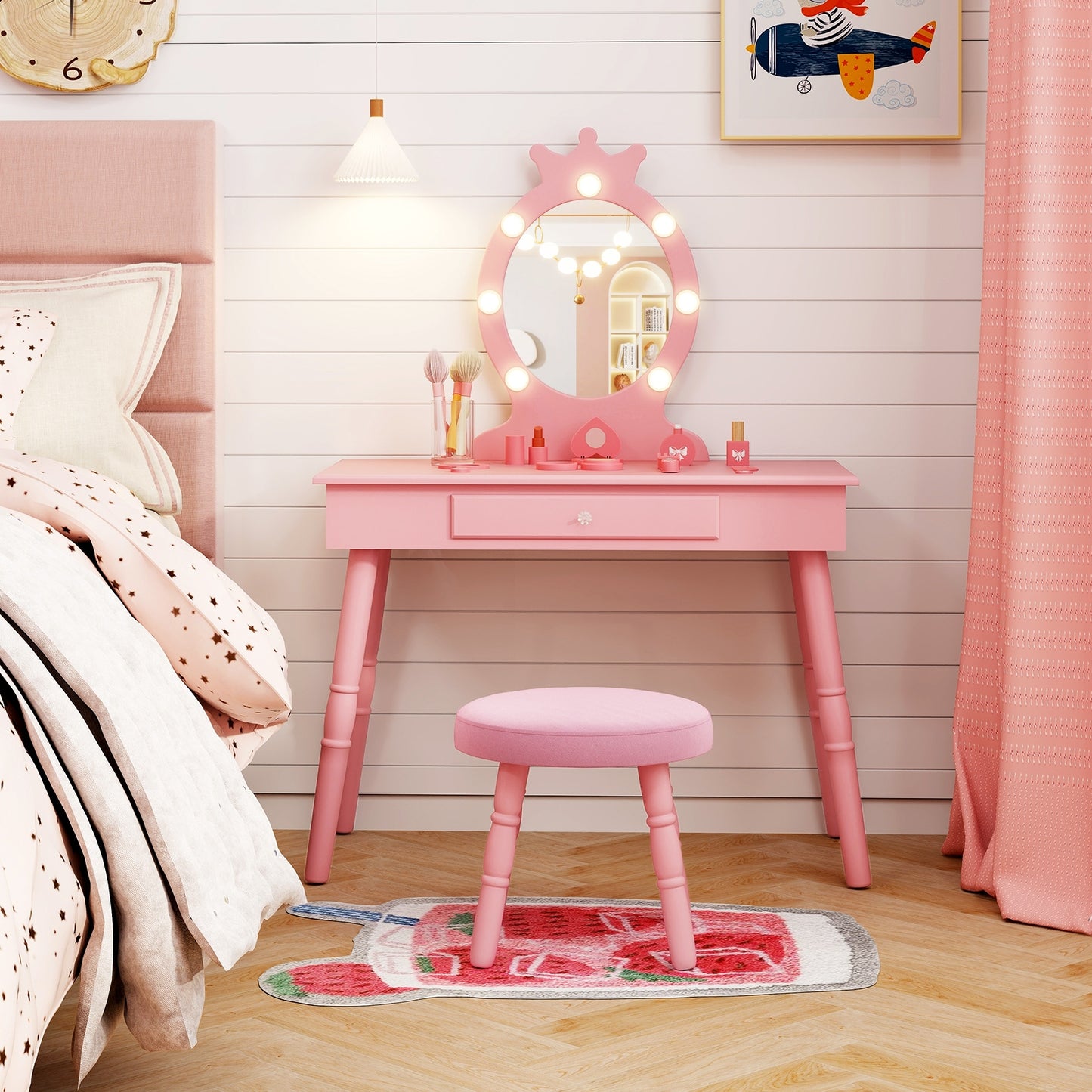 Kids Vanity Set with Lighted Mirror with Adjustable Brightness and Large Drawer-Pink Kids Crystal