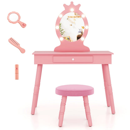 Kids Vanity Set with Lighted Mirror with Adjustable Brightness and Large Drawer-Pink