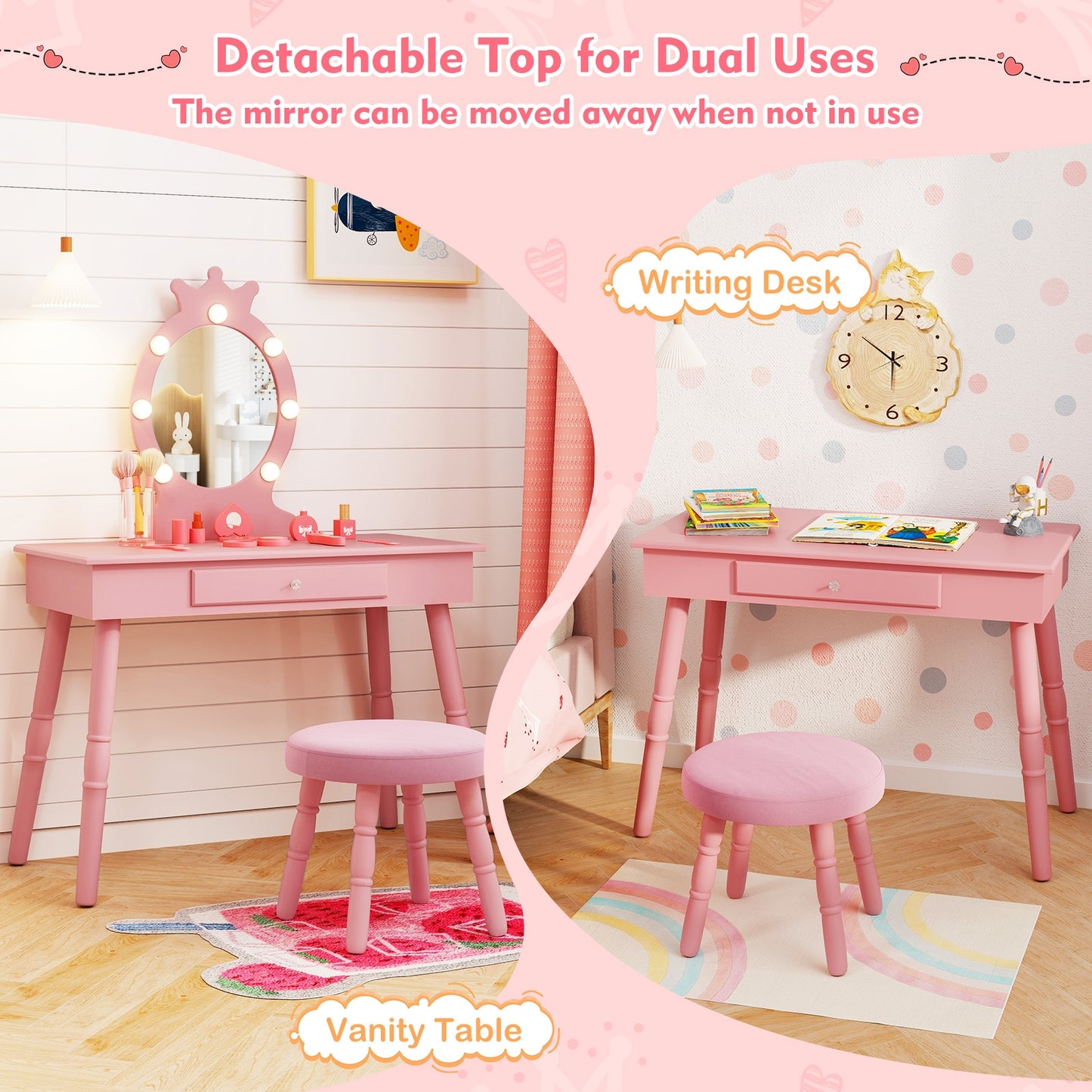 Kids Vanity Set with Lighted Mirror with Adjustable Brightness and Large Drawer-Pink Kids Crystal