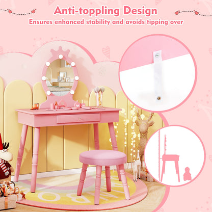 Kids Vanity Set with Lighted Mirror with Adjustable Brightness and Large Drawer-Pink