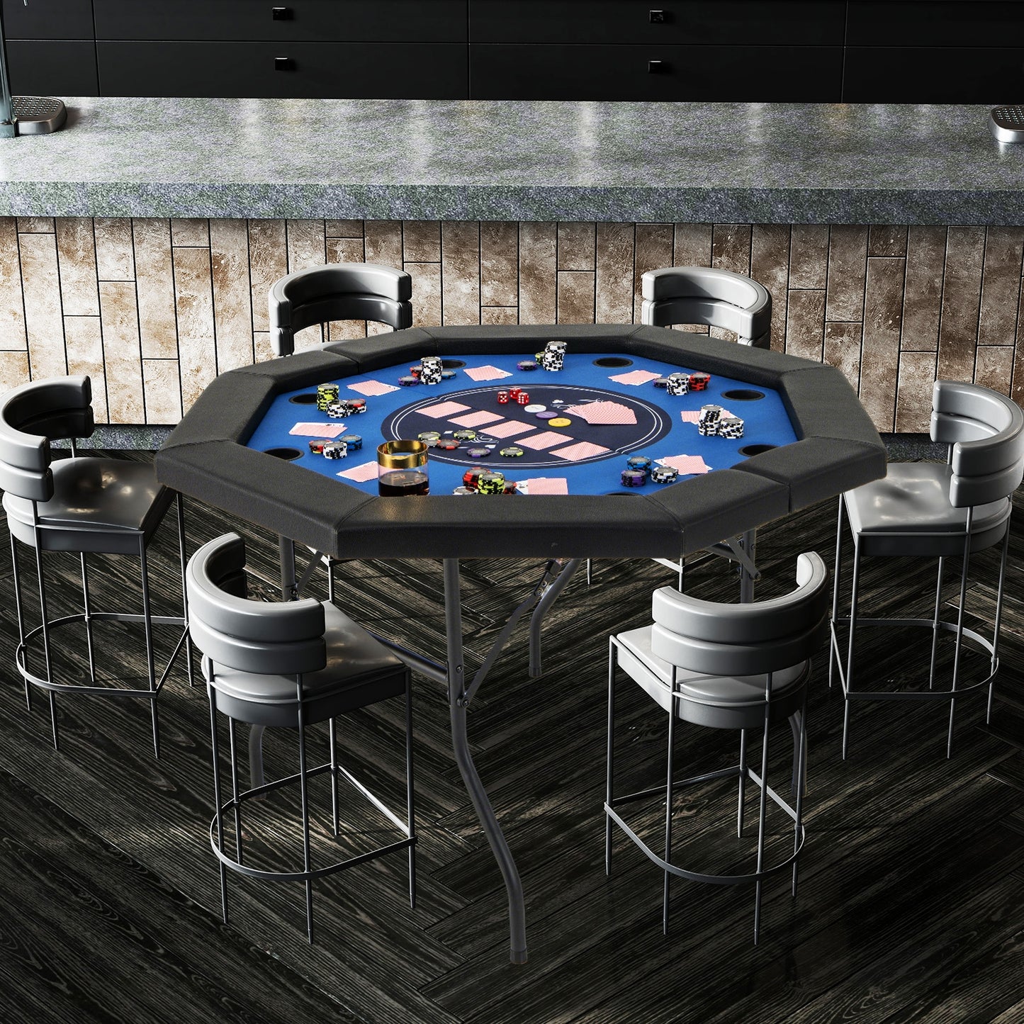 48 Inches Foldable Poker Table with Padded Rails and Cup Holders-Blue Kids Crystal