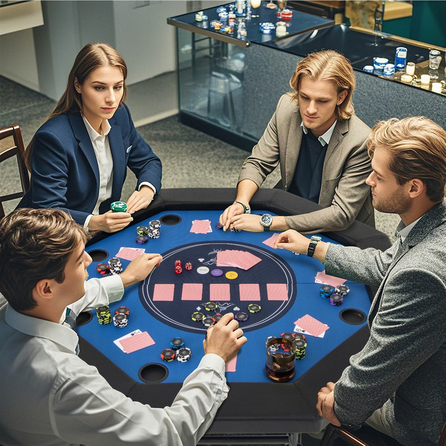 48 Inches Foldable Poker Table with Padded Rails and Cup Holders-Blue Kids Crystal