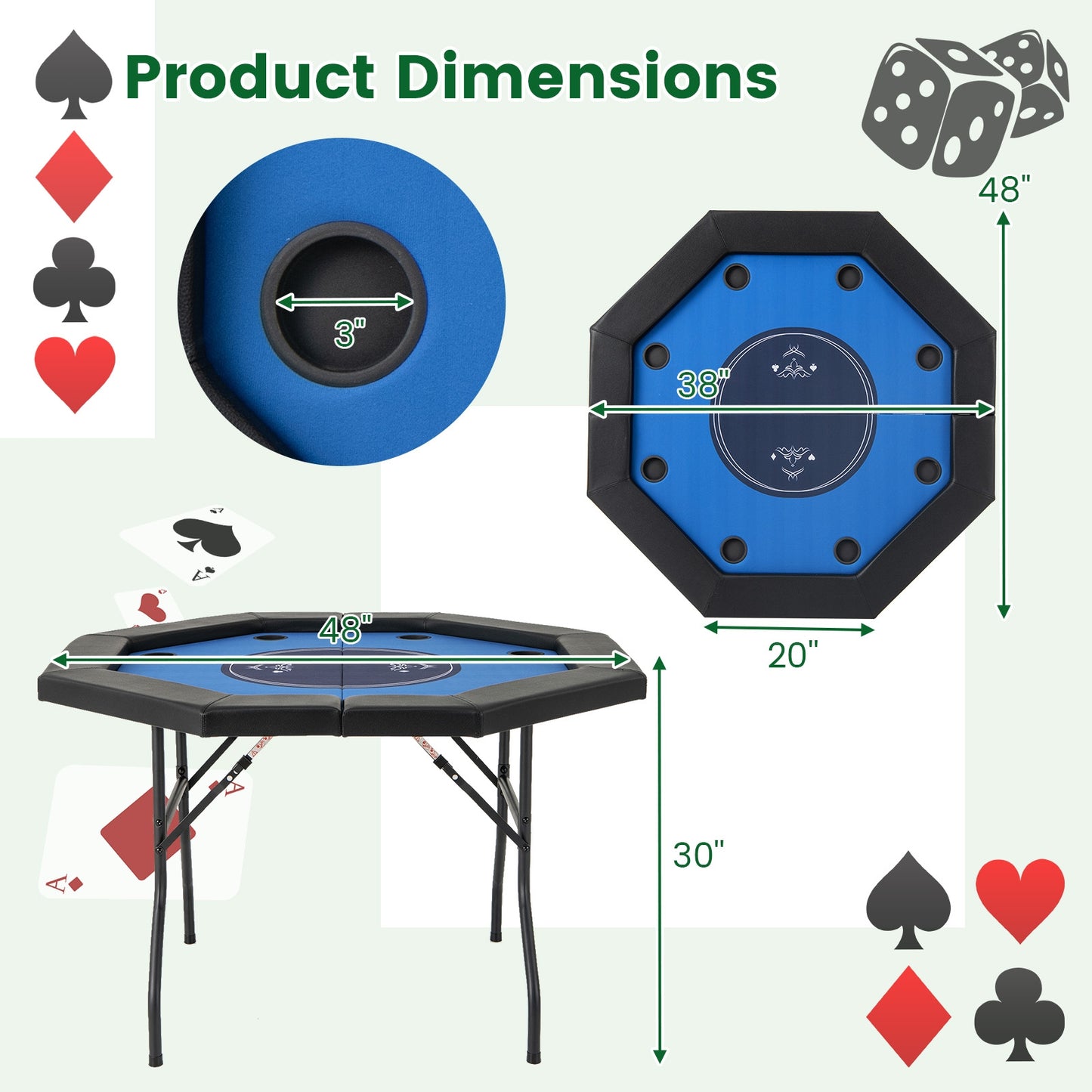 48 Inches Foldable Poker Table with Padded Rails and Cup Holders-Blue Kids Crystal