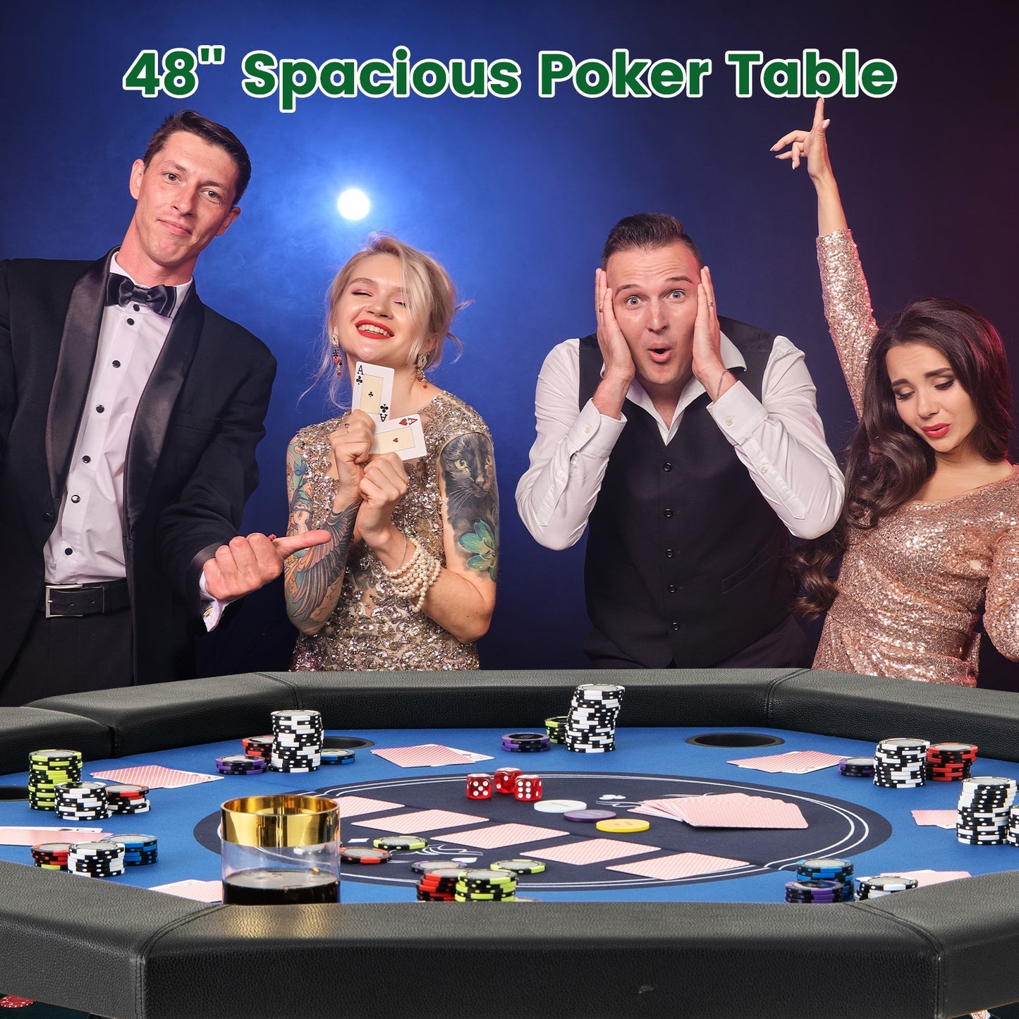 48 Inches Foldable Poker Table with Padded Rails and Cup Holders-Blue Kids Crystal