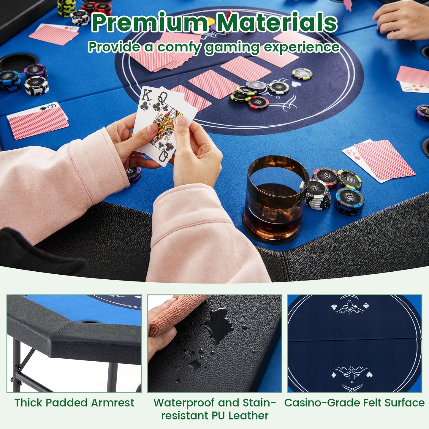 48 Inches Foldable Poker Table with Padded Rails and Cup Holders-Blue Kids Crystal