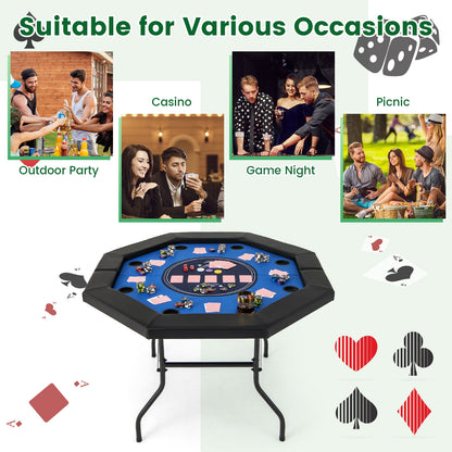 48 Inches Foldable Poker Table with Padded Rails and Cup Holders-Blue