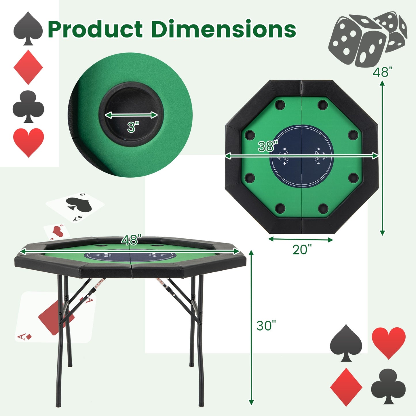 48 Inches Foldable Poker Table with Padded Rails and Cup Holders-Green Kids Crystal