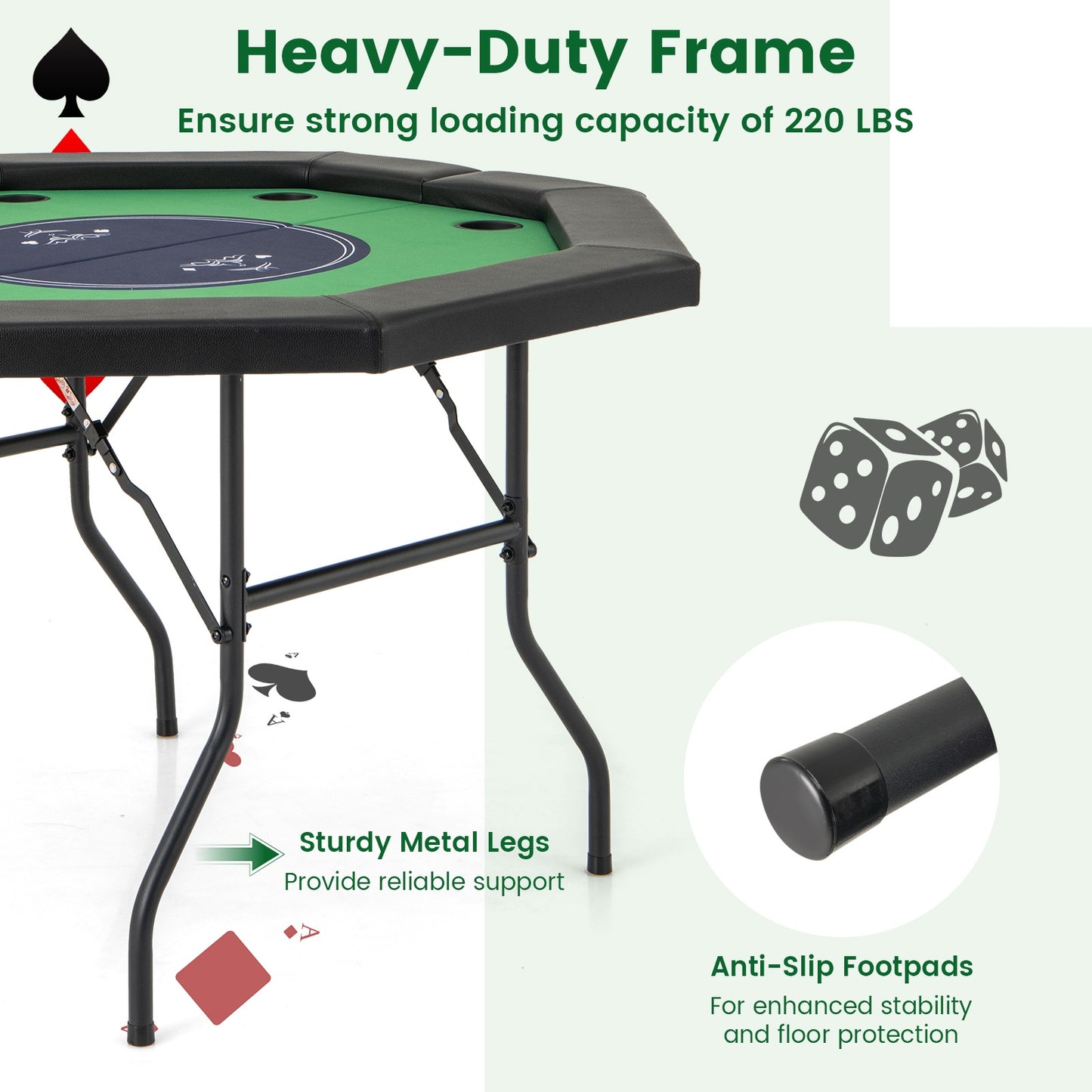 48 Inches Foldable Poker Table with Padded Rails and Cup Holders-Green Kids Crystal