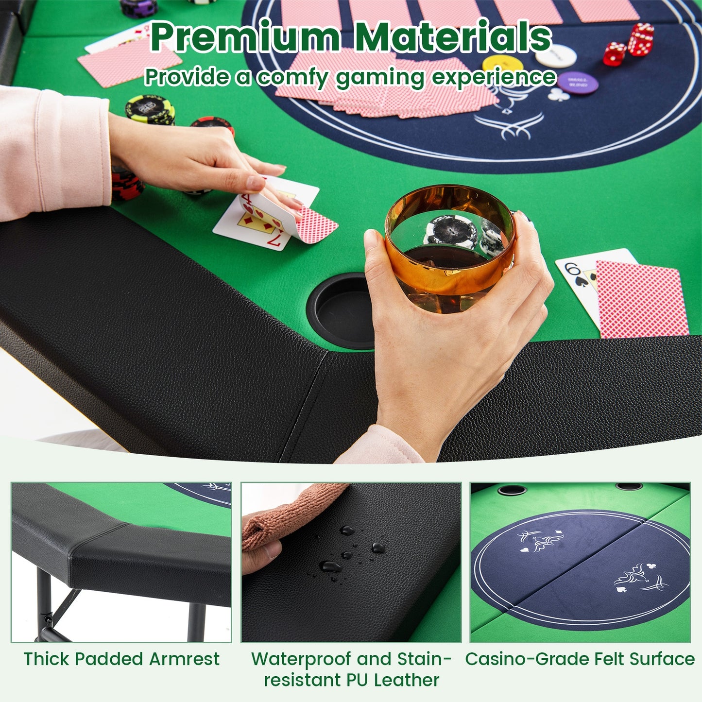 48 Inches Foldable Poker Table with Padded Rails and Cup Holders-Green Kids Crystal