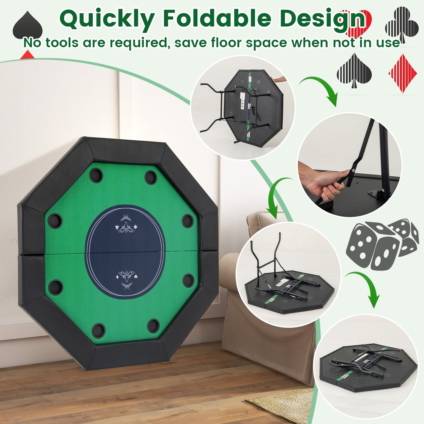 48 Inches Foldable Poker Table with Padded Rails and Cup Holders-Green Kids Crystal