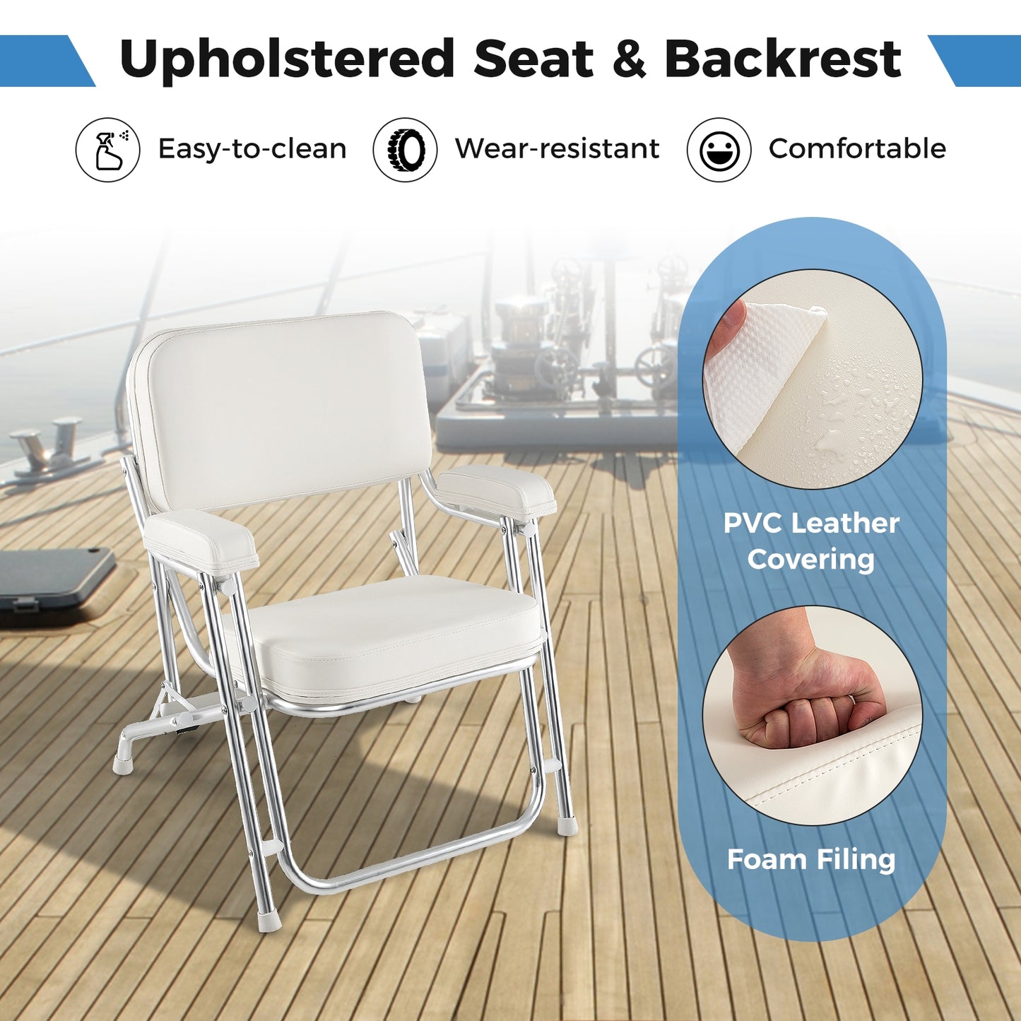 Portable Aluminum Boat Deck Beach Chair with Cushioned Seat-White Kids Crystal