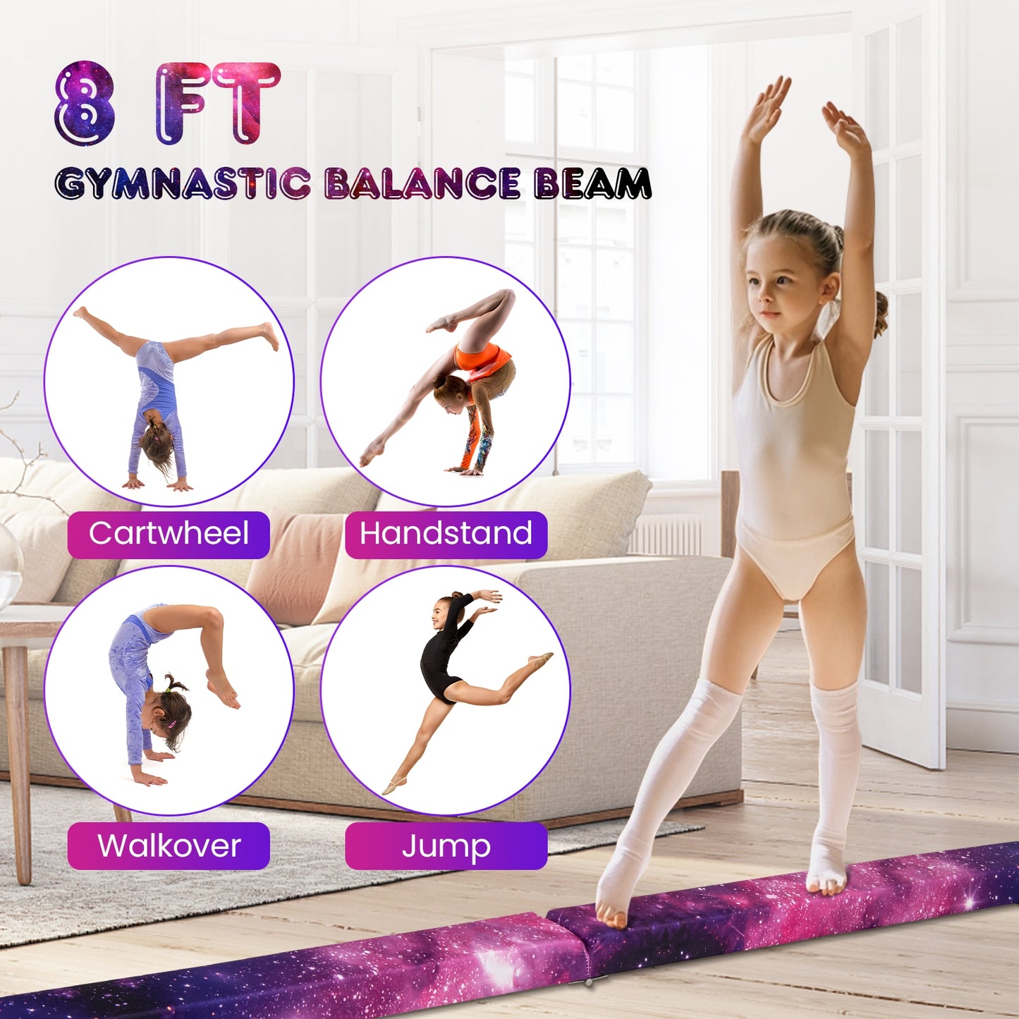 Folding Balance Beam with Solid Wood Base and Anti-slip Bottom-Pink Kids Crystal