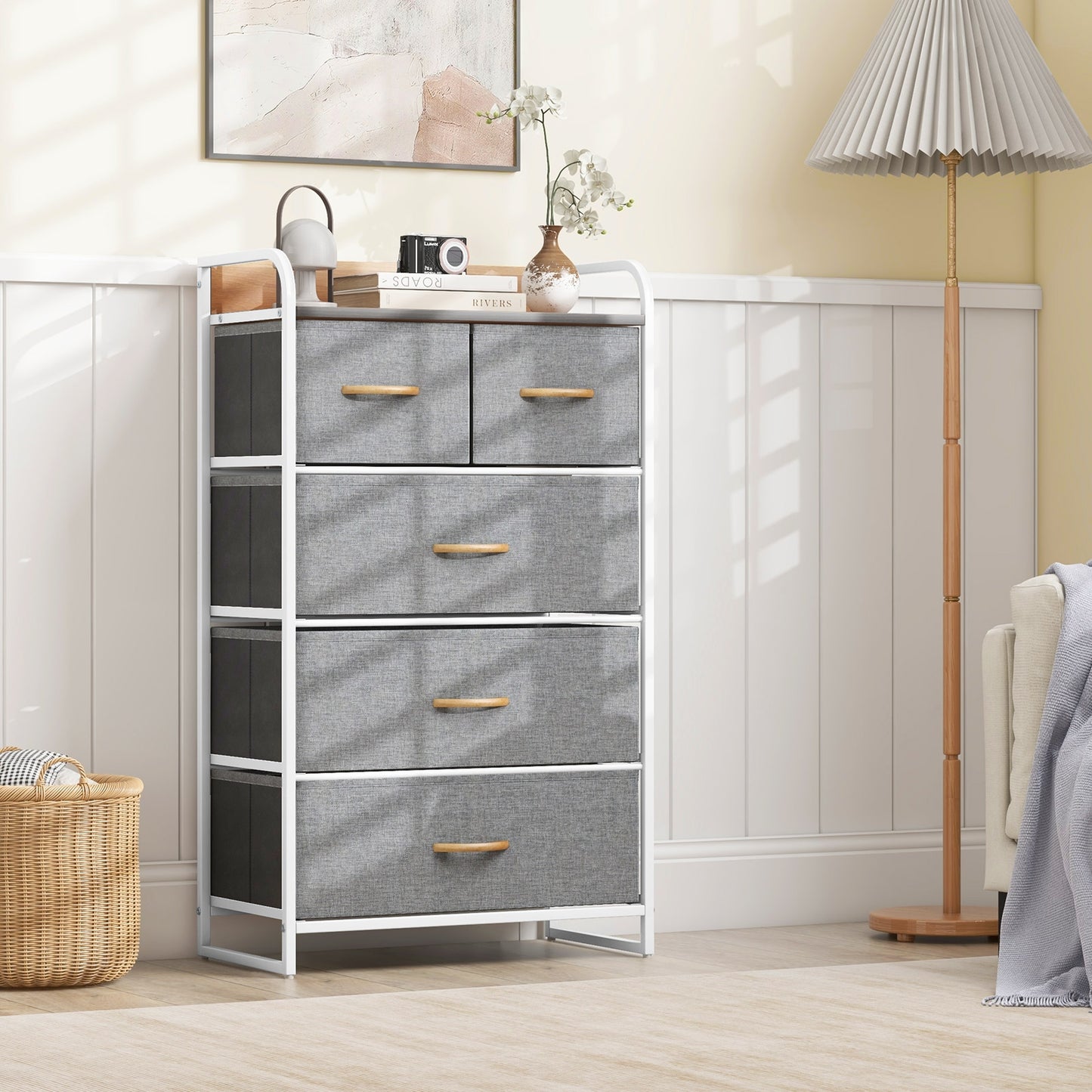 4-Tier Organizer Tower Steel Frame Wooden Top Storage with 5-Drawer Dresser-Gray Kids Crystal