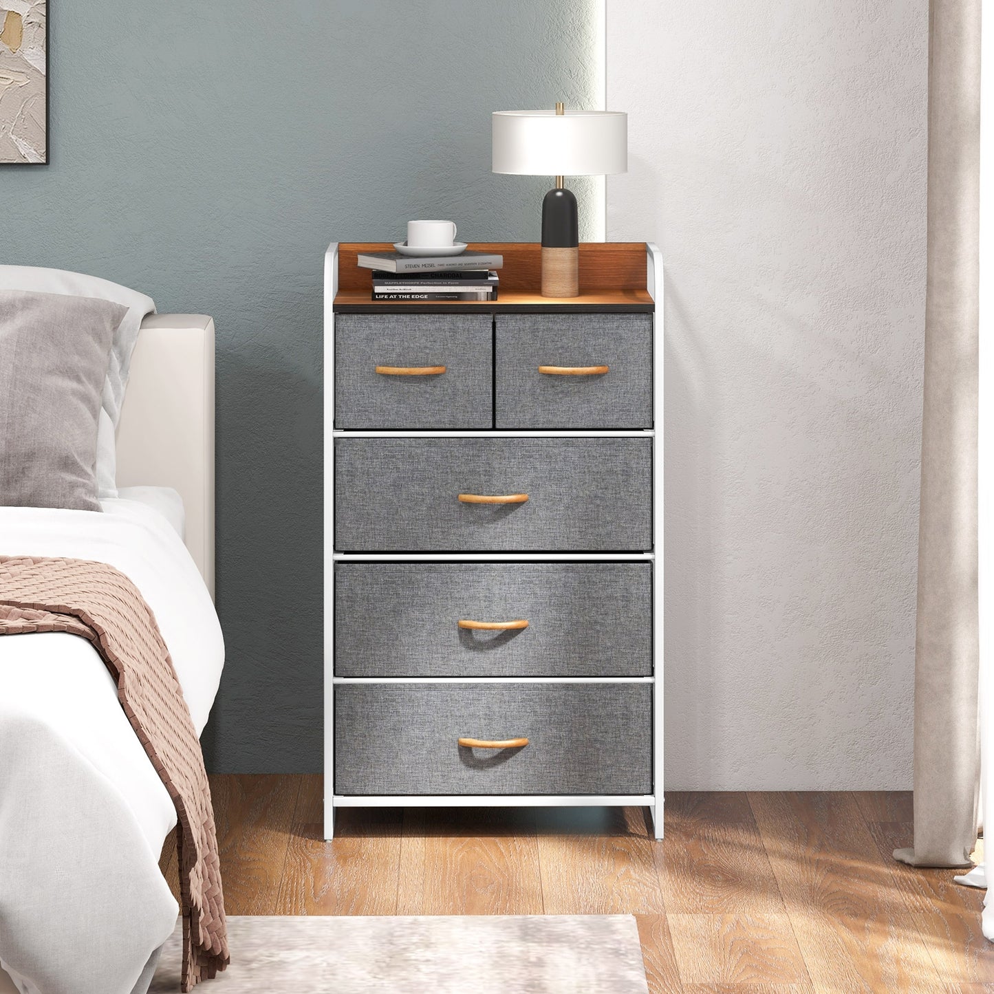 4-Tier Organizer Tower Steel Frame Wooden Top Storage with 5-Drawer Dresser-Gray Kids Crystal