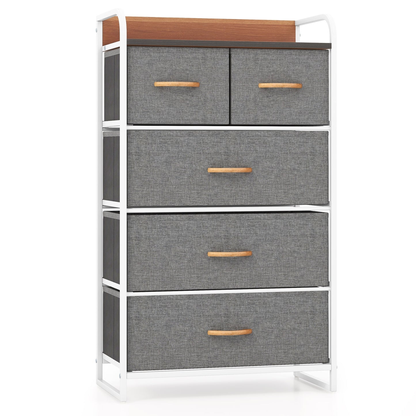 4-Tier Organizer Tower Steel Frame Wooden Top Storage with 5-Drawer Dresser-Gray Kids Crystal