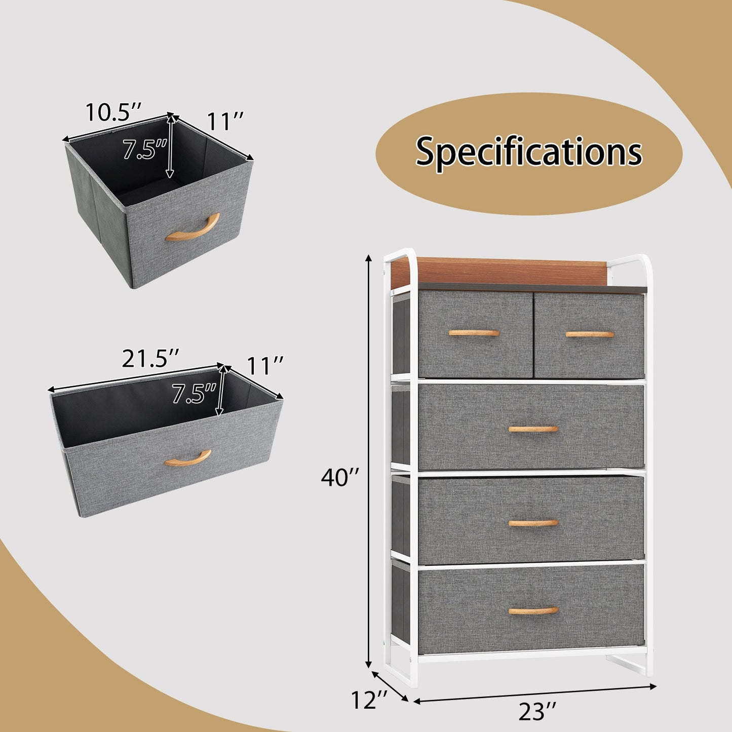 4-Tier Organizer Tower Steel Frame Wooden Top Storage with 5-Drawer Dresser-Gray Kids Crystal