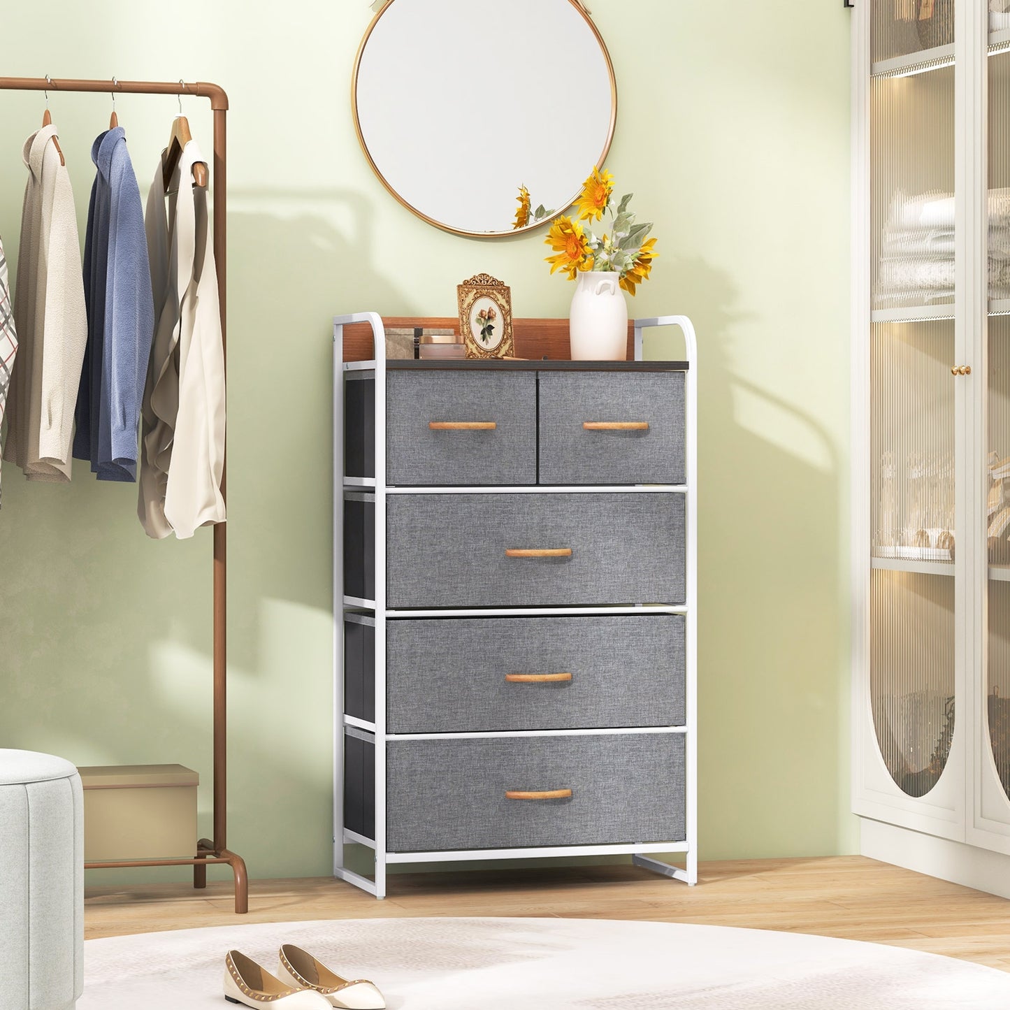 4-Tier Organizer Tower Steel Frame Wooden Top Storage with 5-Drawer Dresser-Gray Kids Crystal