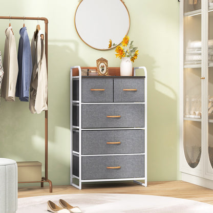 4-Tier Organizer Tower Steel Frame Wooden Top Storage with 5-Drawer Dresser-Gray
