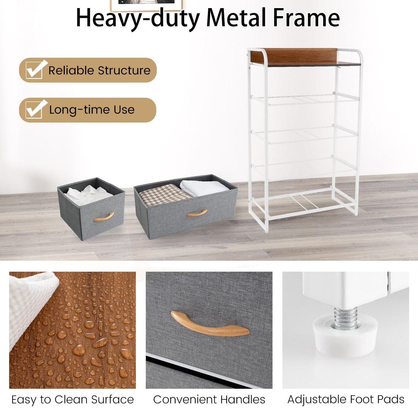 4-Tier Organizer Tower Steel Frame Wooden Top Storage with 5-Drawer Dresser-Gray Kids Crystal