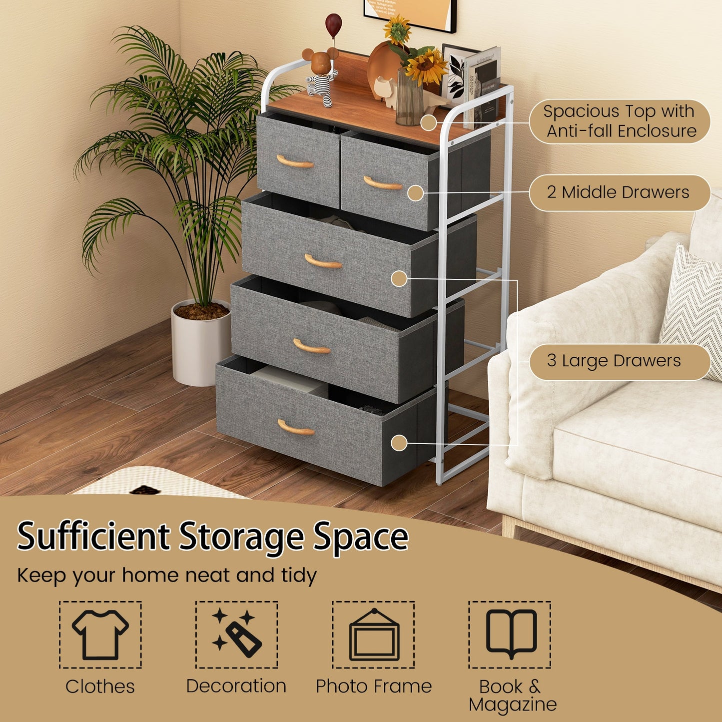 4-Tier Organizer Tower Steel Frame Wooden Top Storage with 5-Drawer Dresser-Gray Kids Crystal