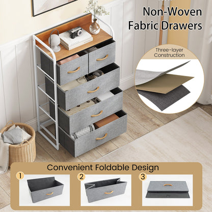 4-Tier Organizer Tower Steel Frame Wooden Top Storage with 5-Drawer Dresser-Gray