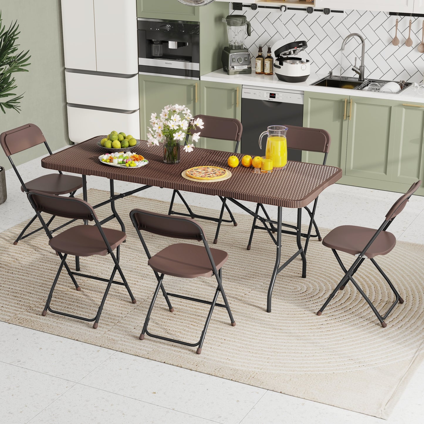 6 ft Portable Folding Table with Rattan-Like HDPE Tabletop and Safe Lock Mechanism-Brown Kids Crystal