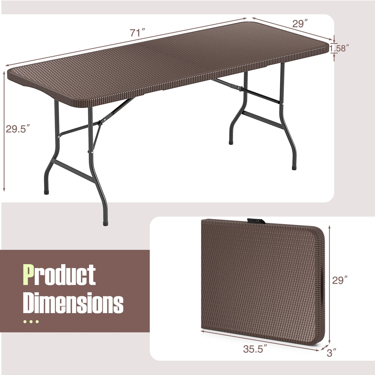 6 ft Portable Folding Table with Rattan-Like HDPE Tabletop and Safe Lock Mechanism-Brown Kids Crystal