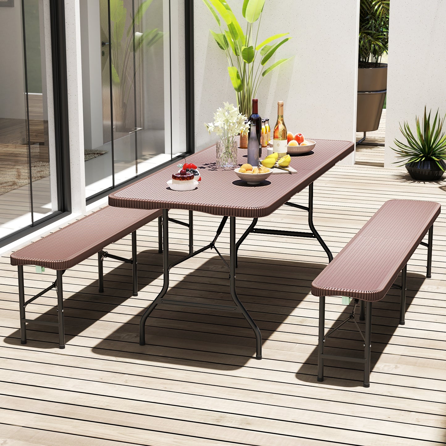 6 ft Portable Folding Table with Rattan-Like HDPE Tabletop and Safe Lock Mechanism-Brown Kids Crystal