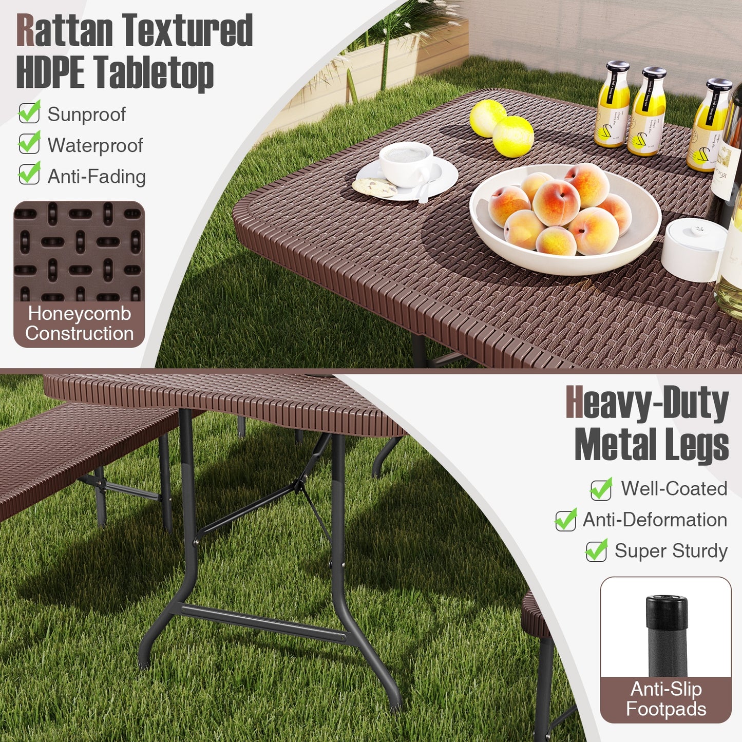 6 ft Portable Folding Table with Rattan-Like HDPE Tabletop and Safe Lock Mechanism-Brown Kids Crystal