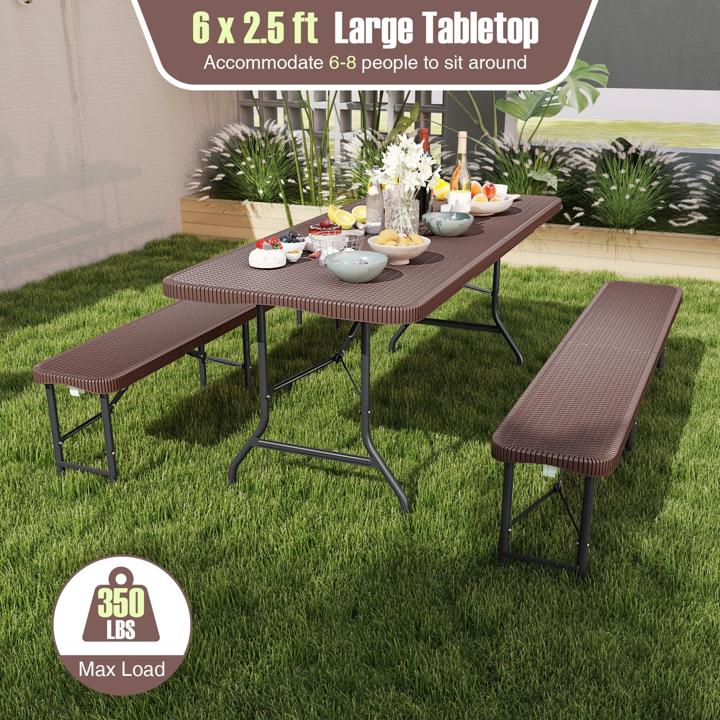6 ft Portable Folding Table with Rattan-Like HDPE Tabletop and Safe Lock Mechanism-Brown Kids Crystal